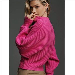By Anthropologie Fuchsia Pink The Kendall Mock-Neck Sweater Ribbed Oversized L